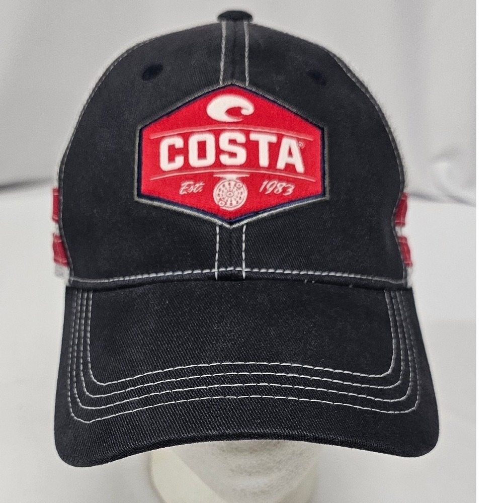 Costa Del Mar Trucker Hat Mens Black White Red Mesh Snapback Fishing Cap Est1983